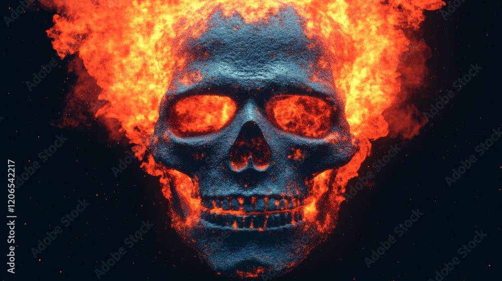 Blazing Skull: A dramatic, stylized image of a human skull engulfed in fiery flames, casting an eerie glow in the darkness. This powerful symbol represents both destruction and rebirth. Blazing Skull: A dramatic, stylized image of a human skull engulfed in fiery flames, casting an eerie glow in the darkness. This powerful symbol represents both destruction and rebirth.