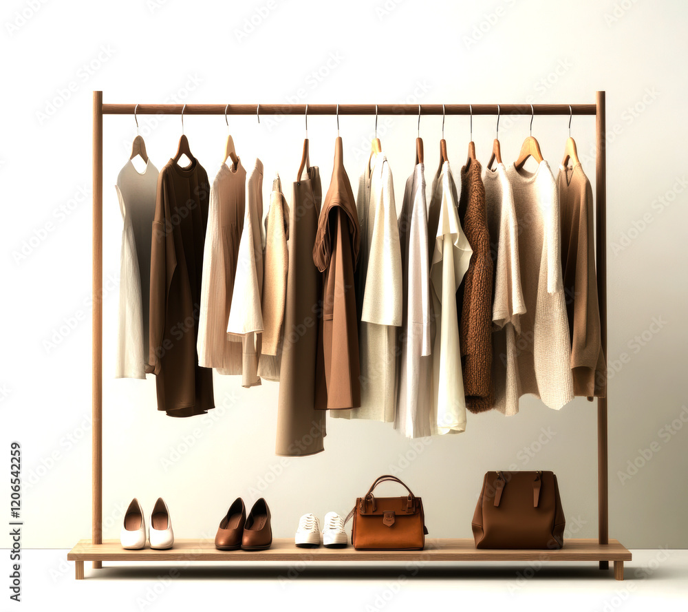 A stylish array of clothing in neutral tones hangs effortlessly on a sleek wooden rack, complemented by chic shoes and handbags, epitomizing modern minimalism and sophistication. A stylish array of clothing in neutral tones hangs effortlessly on a sleek wooden rack, complemented by chic shoes and handbags, epitomizing modern minimalism and sophistication.