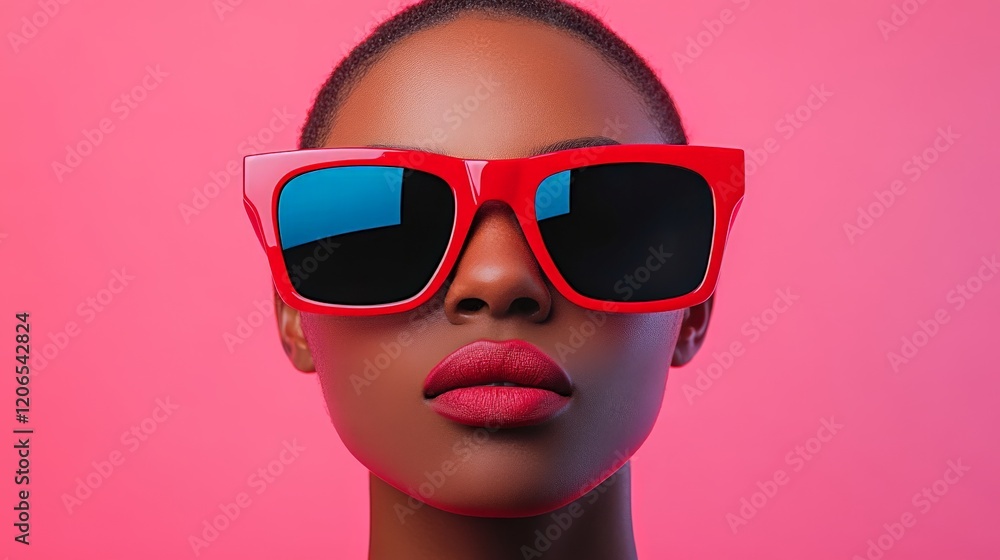 Red Hot Style: A close-up portrait of a Black woman wearing bold, oversized red sunglasses against a vibrant pink background. The image exudes confidence and modern style. Red Hot Style: A close-up portrait of a Black woman wearing bold, oversized red sunglasses against a vibrant pink background. The image exudes confidence and modern style.