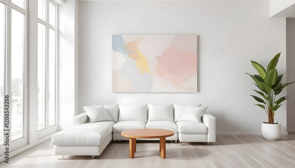 Fototapeta premium Modern Design: White Sofa Paired with Abstract Pastel Wall Art