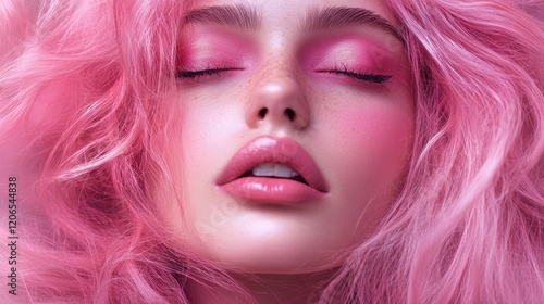 Close-up of a woman with pink hair and makeup, eyes closed. Perfect for beauty, fashion, and cosmetics advertising.