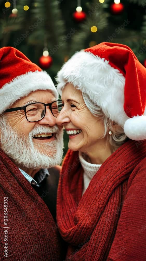 Joyful elderly couple celebrating Christmas in festive hats embracing with laughter Joyful elderly couple celebrating Christmas in festive hats embracing with laughter