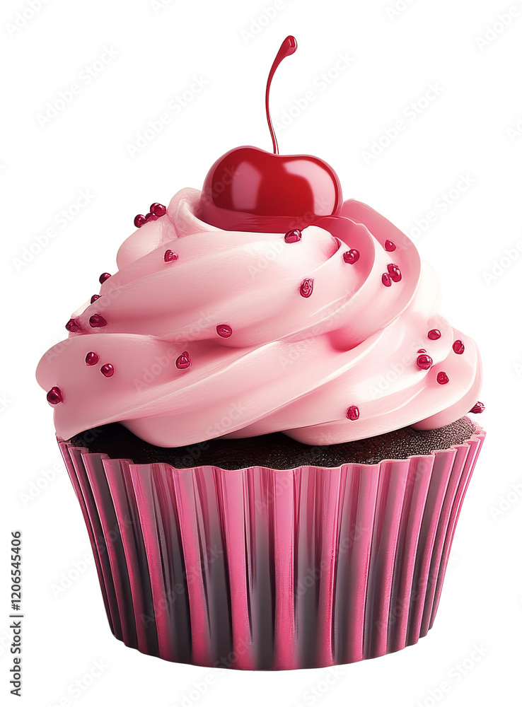 Pink frosted cupcake with cherry on top, dessert photography. Indulgent sweet treat concept Pink frosted cupcake with cherry on top, dessert photography. Indulgent sweet treat concept