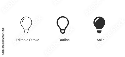 light bulb icon set lamp symbol in editable stroke, outline, and solid styles. ideas, innovation, energy, creativity icons