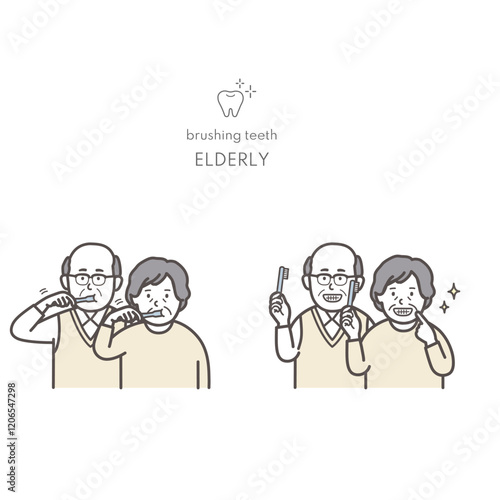 歯磨きする年配夫婦のイラスト