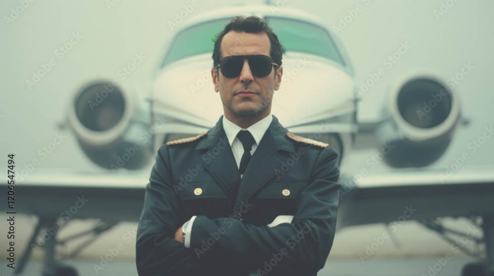 Pilot stands proudly beside a small aircraft, showcasing confidence and readiness amidst cloudy weather at the airfield Pilot stands proudly beside a small aircraft, showcasing confidence and readiness amidst cloudy weather at the airfield
