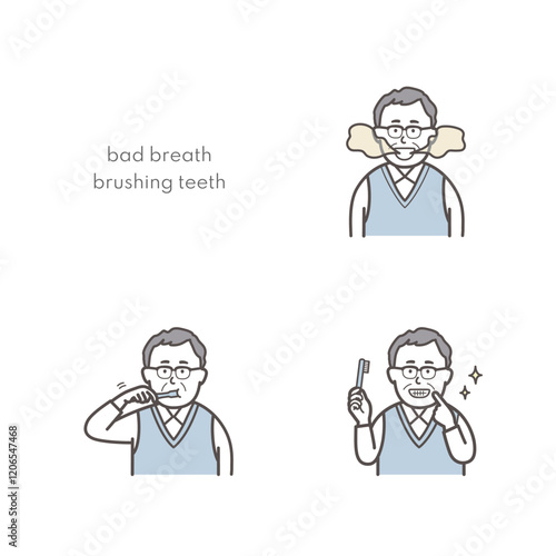高齢男性の歯磨きイラストセット