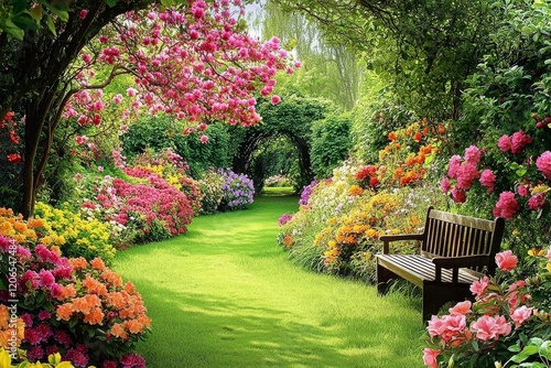 Beautiful English garden with vibrant flowers, green hedges, lush grass, and a peaceful path leading to an old wooden bench under the shade of an apple tree.