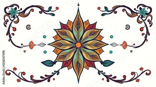 Ornate floral mandala design with swirls and leaves.
