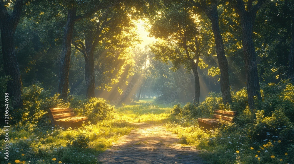 Sunlit Path, Tranquil Forest Scene: Two Benches Await in Golden Hour Sunlit Path, Tranquil Forest Scene: Two Benches Await in Golden Hour