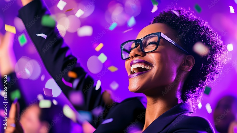 A joyful celebration with confetti and a smiling woman in glasses, exuding happiness. A joyful celebration with confetti and a smiling woman in glasses, exuding happiness.