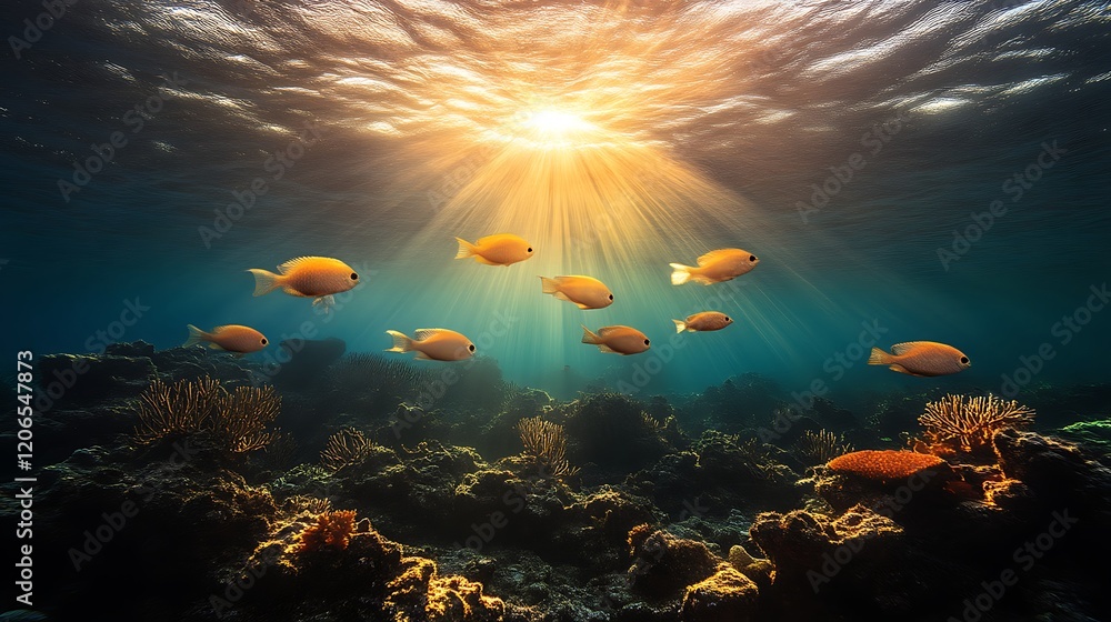 Fototapeta premium Sunlit Underwater Scene with Golden Fish and Coral Reef