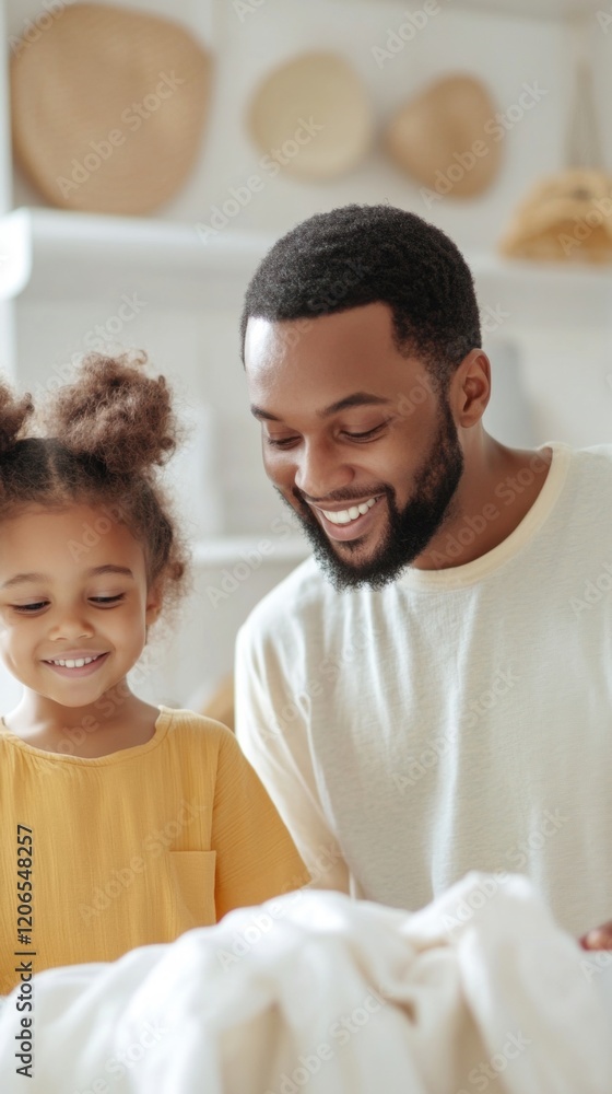 This heartwarming moment captures a father and his young daughter happily folding laundry together in their bright, inviting home This heartwarming moment captures a father and his young daughter happily folding laundry together in their bright, inviting home