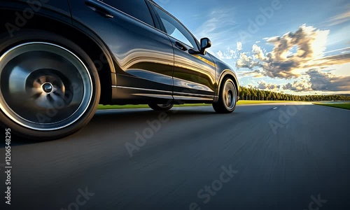 Black SUV driving on highway, sunset, forest background, travel advertisement
