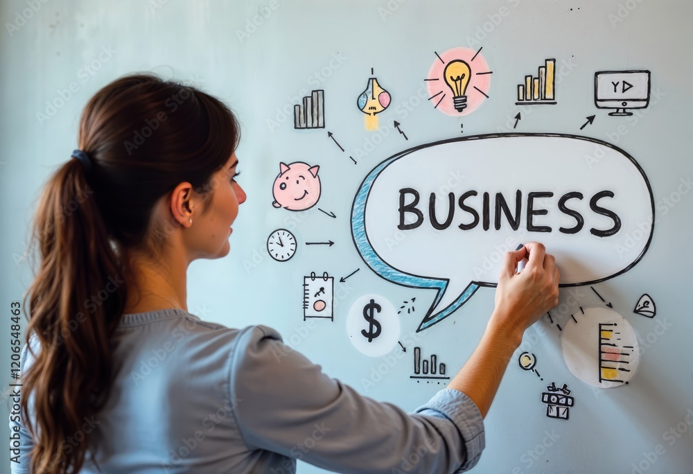 Young woman drawing business-related doodles and business marketing icons on wall background Young woman drawing business-related doodles and business marketing icons on wall background