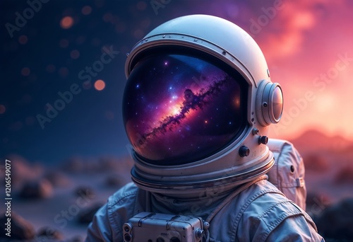 An astronaut helmet reflecting a vibrant cosmic scene filled with colorful nebulas and stars photo