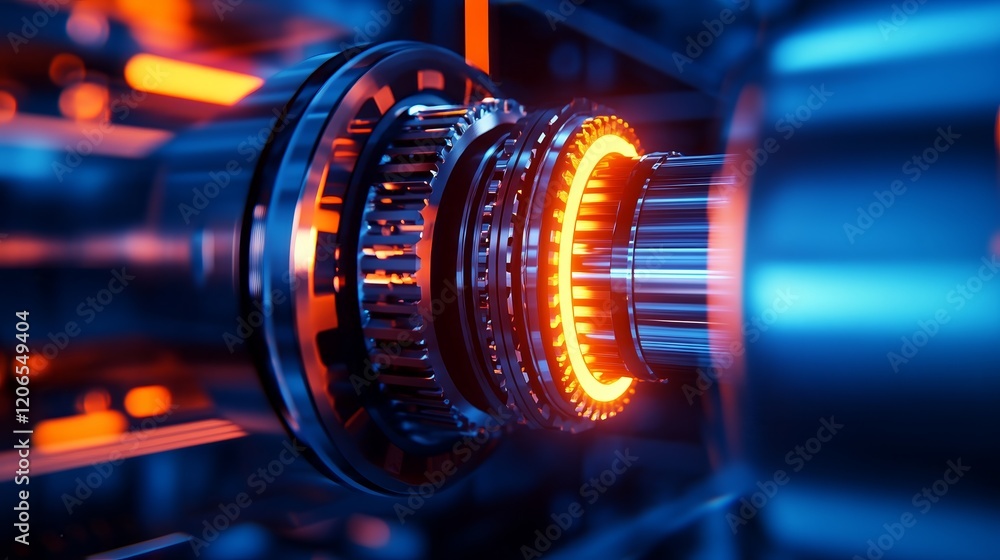 Fototapeta premium A close-up view of a futuristic mechanical component with glowing elements.