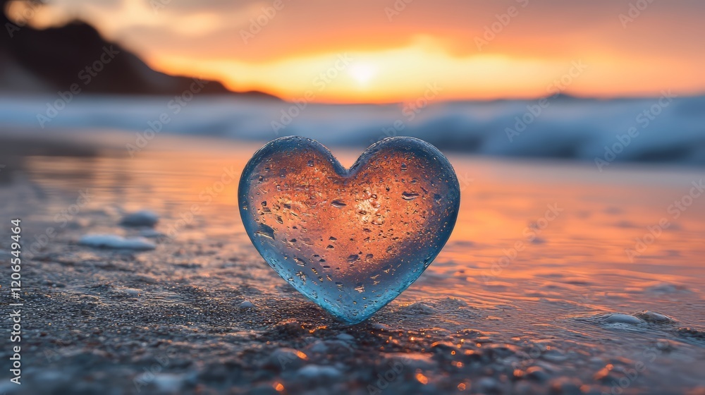 Fototapeta premium Glass Heart at Sunset on Beach