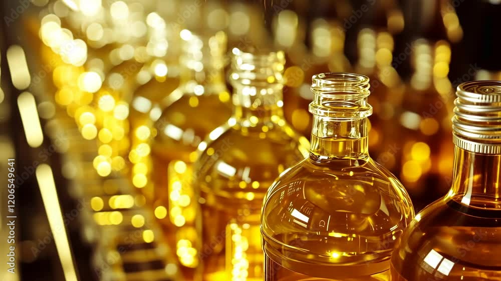 Bottles filled with golden liquid on a production line during the daytime at a beverage facility Bottles filled with golden liquid on a production line during the daytime at a beverage facility