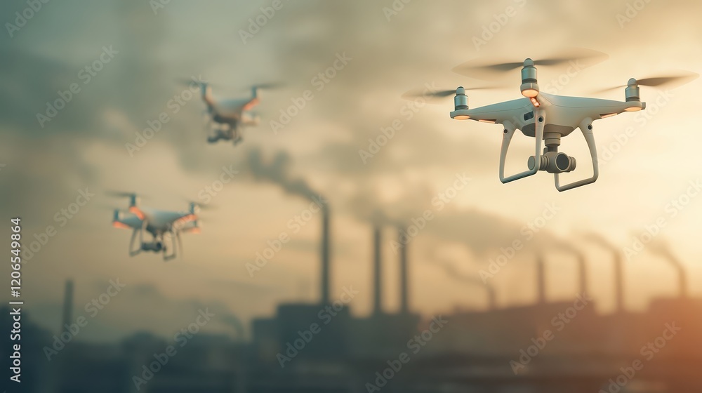 A fleet of drones navigate the azure sky, autonomous aerial vehicles in action several
