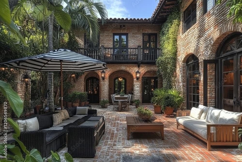 Fototapeta premium Beautiful Miami home with brick patio, black and white striped umbrella, wooden sofa and chairs, potted plants, and lanterns in Miami-style decor.