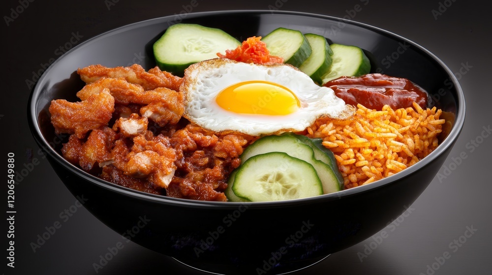 A delicious bowl featuring fried chicken, rice, cucumber, and a fried egg. A delicious bowl featuring fried chicken, rice, cucumber, and a fried egg.