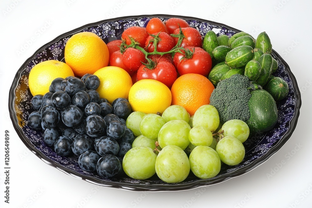 A colorful platter of fresh fruits and vegetables, including grapes, oranges, lemons, tomatoes, cucumbers, and broccoli. Ideal for healthy eating, diet, or fresh produce concepts. A colorful platter of fresh fruits and vegetables, including grapes, oranges, lemons, tomatoes, cucumbers, and broccoli. Ideal for healthy eating, diet, or fresh produce concepts.