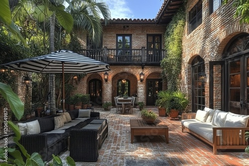 Beautiful Miami home with brick patio, black and white striped umbrella, wooden sofa and chairs, potted plants, and lanterns in Miami-style decor. photo