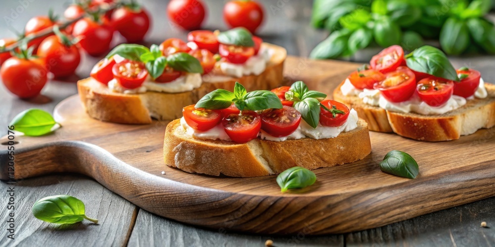 Appetizing Bruschetta with Creamy Cheese, Ripe Tomatoes, and Fresh Basil on a Wooden Board Appetizing Bruschetta with Creamy Cheese, Ripe Tomatoes, and Fresh Basil on a Wooden Board