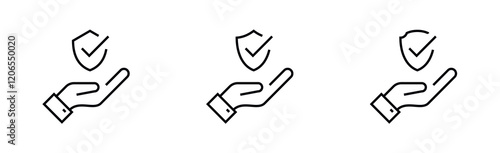 hand holding a shield with a checkmark icon set. security, trust and protection icons in minimal outline style, editable stroke