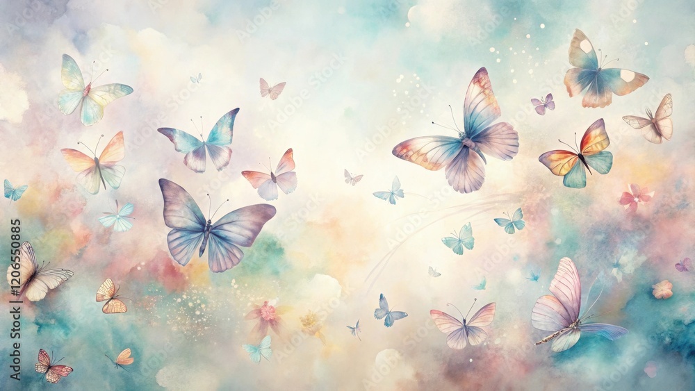 Whimsical Watercolor Butterflies Dancing in a Pastel Sky, a Serene and Elegant Nature-Inspired Design Perfect for Home Decor and Artistic Expression Whimsical Watercolor Butterflies Dancing in a Pastel Sky, a Serene and Elegant Nature-Inspired Design Perfect for Home Decor and Artistic Expression