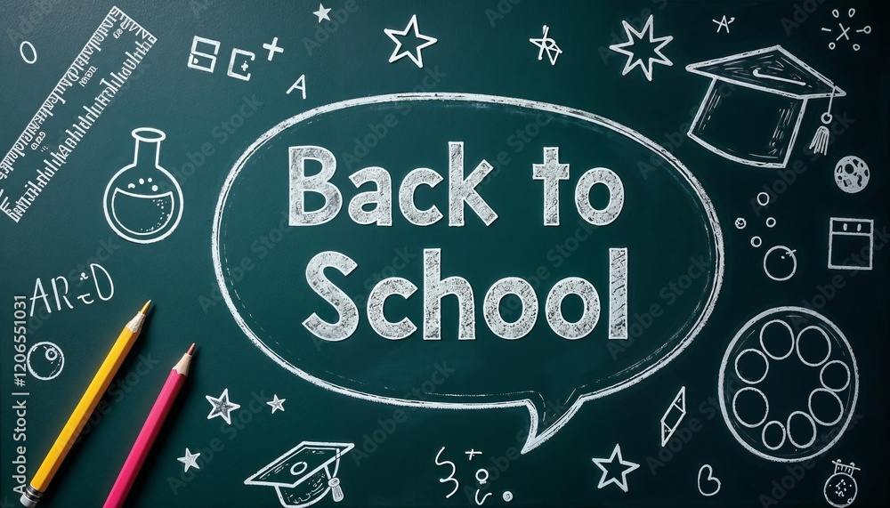 Fototapeta premium Chalkboard featuring white line drawings of school-related items the word Back to School including school related icons