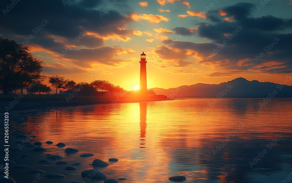 Fototapeta premium Coastal Lighthouse Sunset Seascape