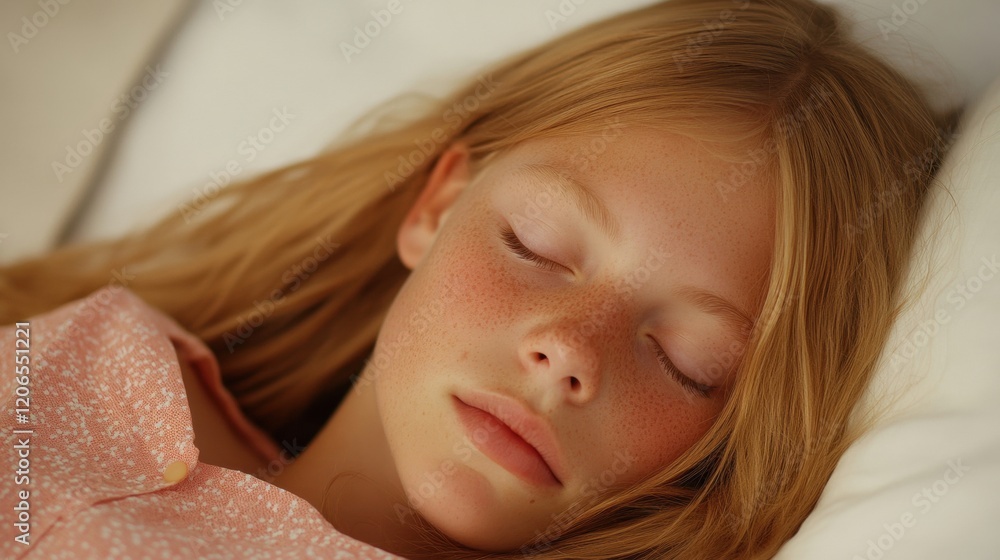 Sweet young girl rests comfortably while sleeping, surrounded by soft pillows and cozy bedding in a tranquil setting Sweet young girl rests comfortably while sleeping, surrounded by soft pillows and cozy bedding in a tranquil setting