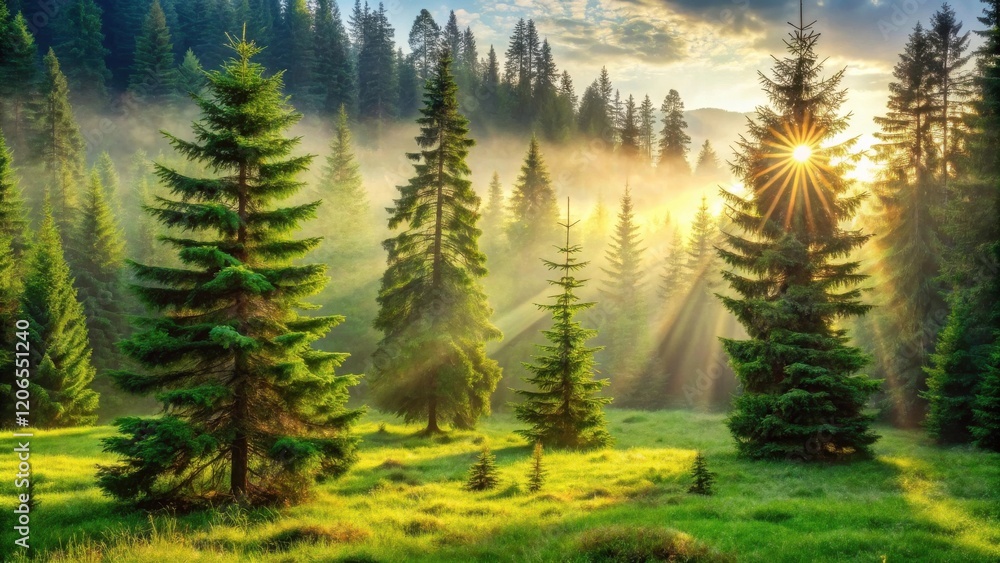Fototapeta premium Sunbeams Illuminate Serene Evergreen Forest Meadow at Dawn