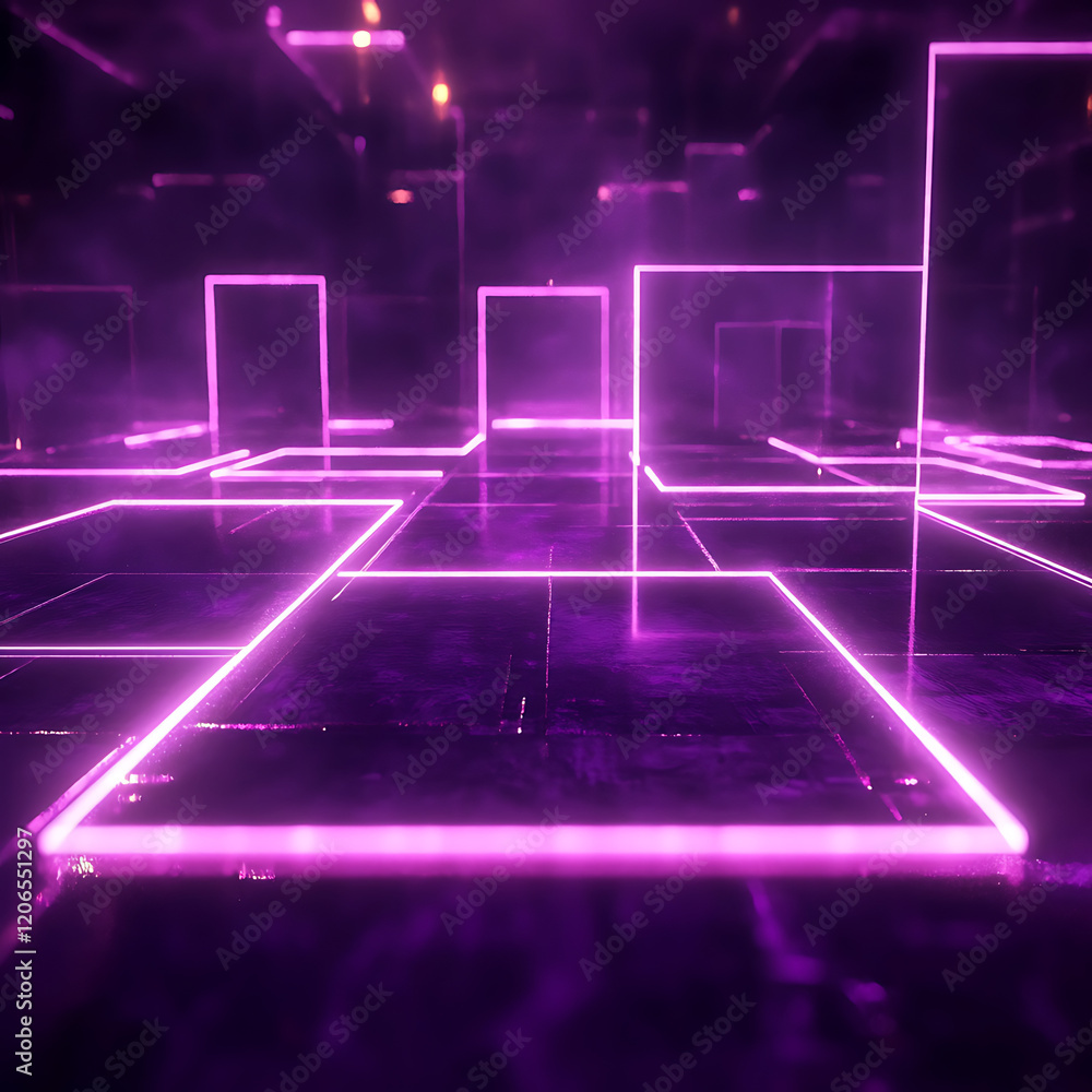 Obraz premium Futuristic neon-lit abstract landscape with glowing rectangles and mist, creating a digital atmosphere
