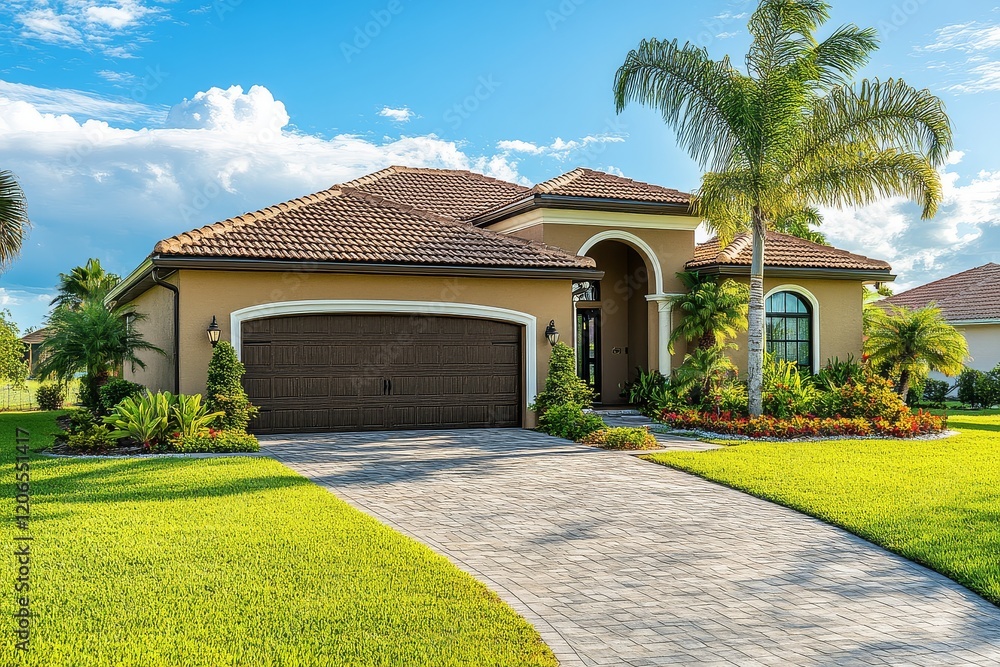 Obraz premium Modern home in Florida with a large garage door and driveway, surrounded by palm trees. High-detail HD photography showcasing exterior design.