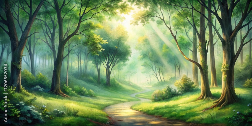 Serene Woodland Path Sunlit Meadow, Winding Trail Through Lush Green Canopy, Tranquil Forest Scene with Beams of Light Serene Woodland Path Sunlit Meadow, Winding Trail Through Lush Green Canopy, Tranquil Forest Scene with Beams of Light