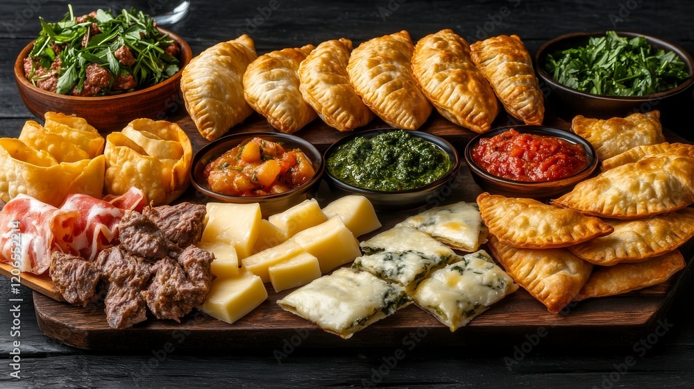 A vibrant platter of empanadas, cheeses, and salsas, perfect for sharing and enjoying. A vibrant platter of empanadas, cheeses, and salsas, perfect for sharing and enjoying.