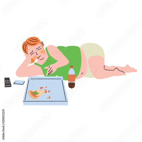 肥満の女性がピザを食べるか迷う