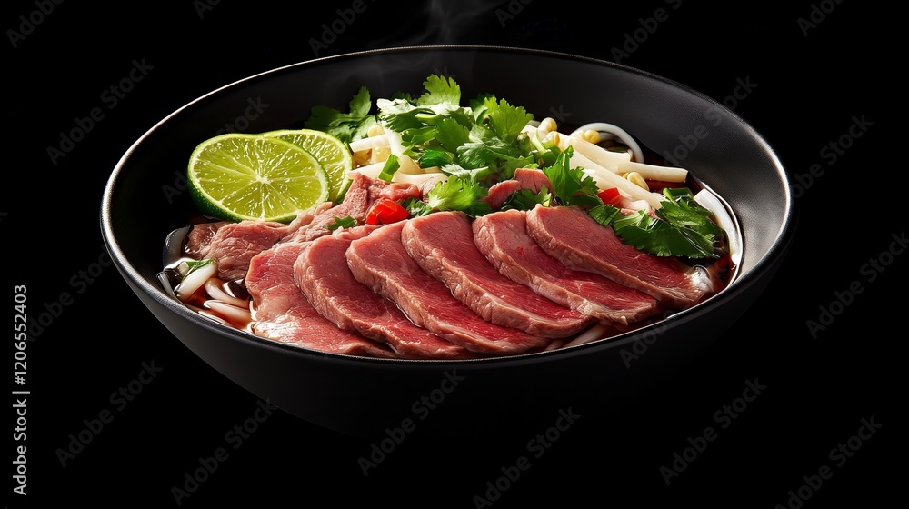 A bowl of pho with sliced meat, herbs, lime, and noodles, steaming and appetizing. A bowl of pho with sliced meat, herbs, lime, and noodles, steaming and appetizing.