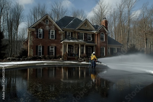 Worker pressure washes large driveway in front of a brick house. Illustrates professional exterior cleaning services for residential properties. photo