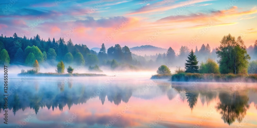 Fototapeta premium Serene Sunrise Over Misty Lake and Verdant Forest, Reflecting Tranquil Beauty in Still Waters
