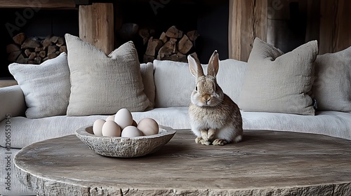 A playful Easter design with mini ceramic bunnies hiding among artificial grass and colorful eggs. photo