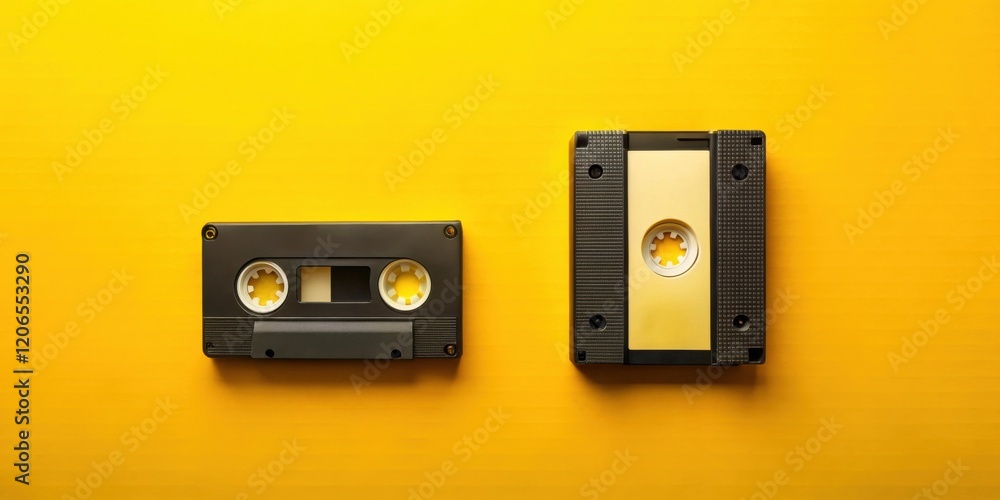 Retro Audio and Video Cassettes on Vibrant Yellow Background Retro Audio and Video Cassettes on Vibrant Yellow Background