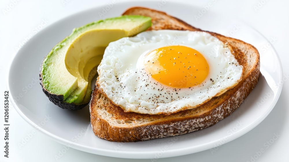White plate featuring a sandwich and a fried egg served for breakfast or brunch meal White plate featuring a sandwich and a fried egg served for breakfast or brunch meal