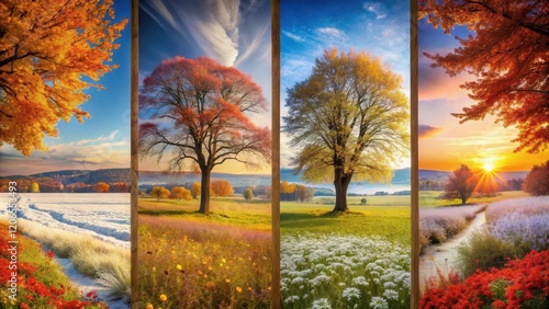 A captivating quadriptych showcasing the vibrant seasonal transitions of a picturesque landscape, from snowy winter to fiery autumn photo