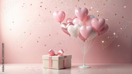 A Festive Arrangement of Heart-Shaped Balloons and a Gift Box with Confetti