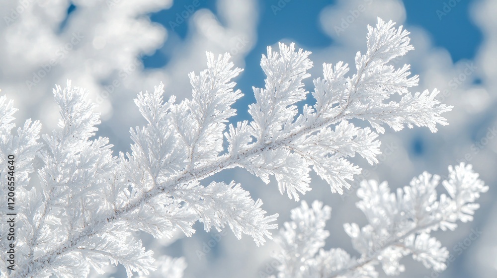 Intricate Ice Crystals on a Winter Branch against a Vivid Blue Sky Intricate Ice Crystals on a Winter Branch against a Vivid Blue Sky