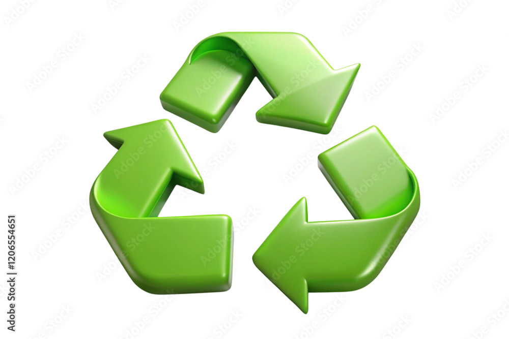 Obraz premium Colorful recycling symbol arrows in 3D design on a white backdrop symbolizing waste management, eco conscious living, and green initiatives.